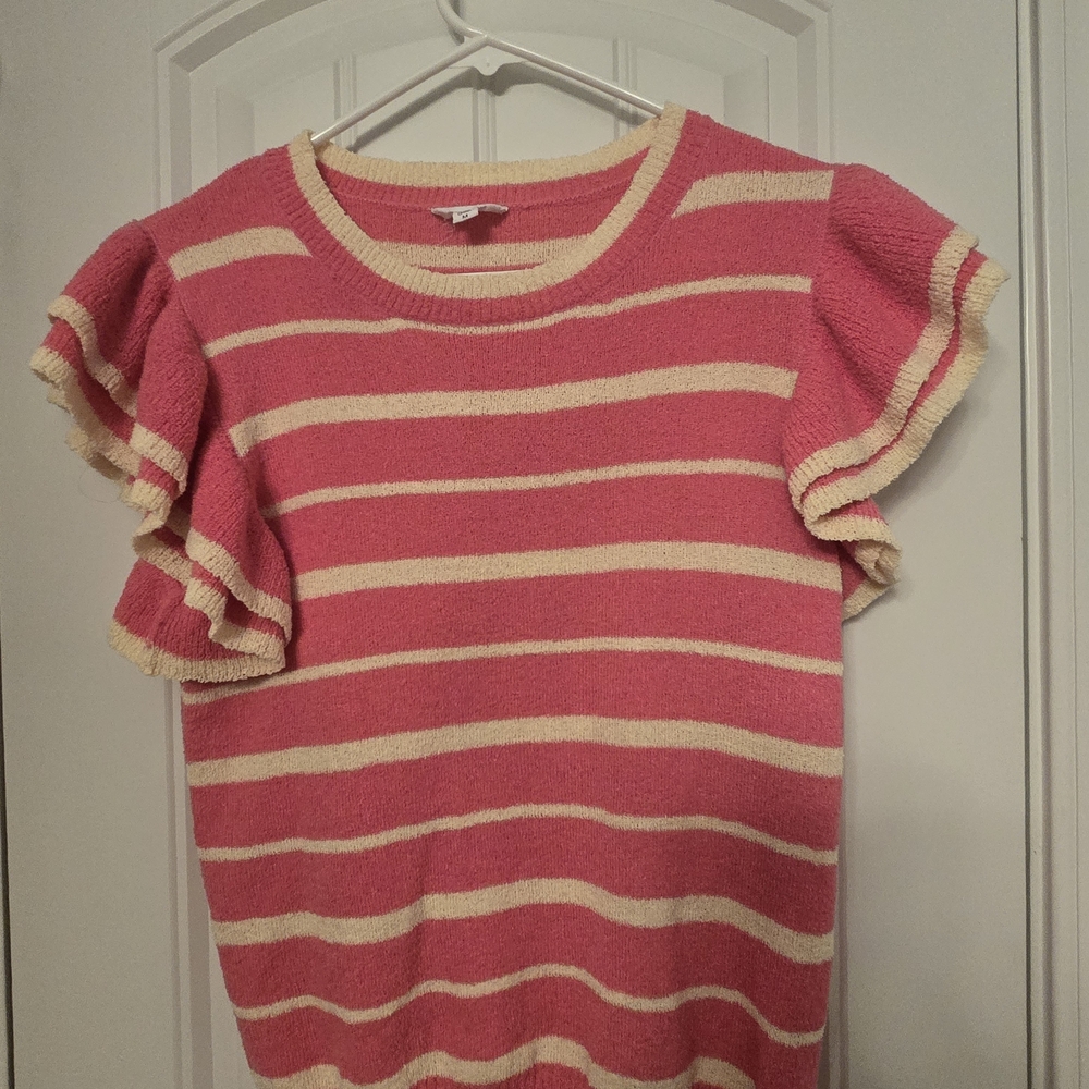 Chic Striped Ruffle Sleeve Blouse in Pink and Cream